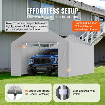 VEVOR Carport Replacement Canopy Cover Side Wall 12 x 20 ft, Garage Tent Shelter Tarp Heavy-Duty Waterproof & UV Protected, Easy Installation with Ball Bungees,Grey (Top and Frame Not Included) - View 14