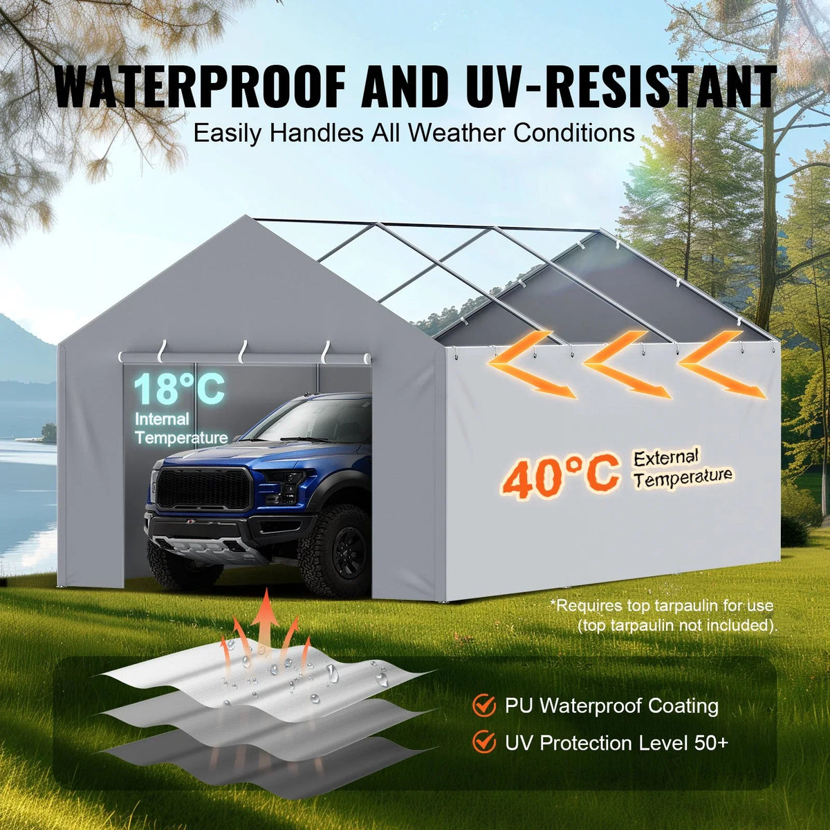 VEVOR Carport Replacement Canopy Cover Side Wall 12 x 20 ft, Garage Tent Shelter Tarp Heavy-Duty Waterproof & UV Protected, Easy Installation with Ball Bungees,Grey (Top and Frame Not Included) - View 2