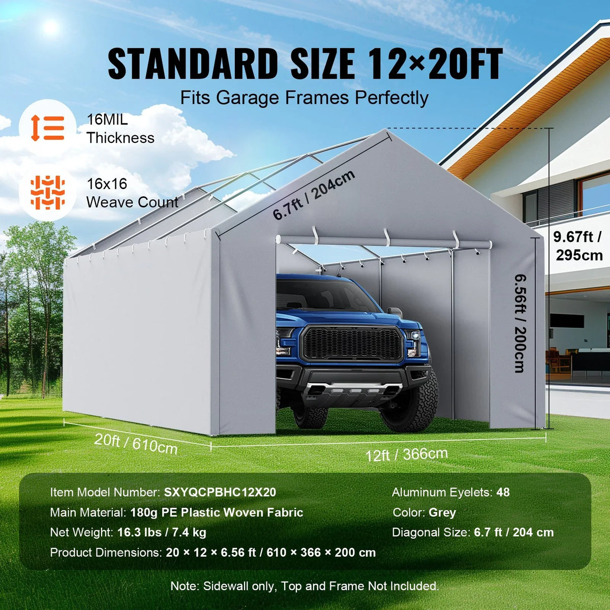 VEVOR Carport Replacement Canopy Cover Side Wall 12 x 20 ft, Garage Tent Shelter Tarp Heavy-Duty Waterproof & UV Protected, Easy Installation with Ball Bungees,Grey (Top and Frame Not Included) - View 3