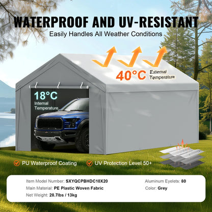 VEVOR Carport Replacement Canopy Cover Top + Side Wall 10 x 20 ft, Garage Tent Shelter Tarp Heavy-Duty Waterproof & UV Protected, Easy Installation with Ball Bungees,Grey (Frame Not Included) - View 12