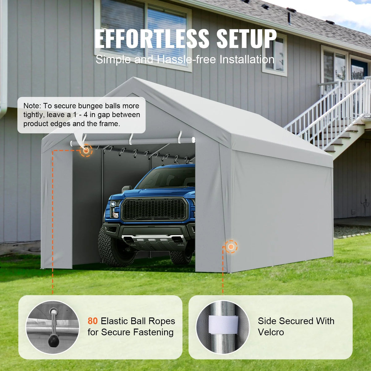 VEVOR Carport Replacement Canopy Cover Top + Side Wall 10 x 20 ft, Garage Tent Shelter Tarp Heavy-Duty Waterproof & UV Protected, Easy Installation with Ball Bungees,Grey (Frame Not Included) - View 13