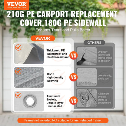 VEVOR Carport Replacement Canopy Cover Top + Side Wall 10 x 20 ft, Garage Tent Shelter Tarp Heavy-Duty Waterproof & UV Protected, Easy Installation with Ball Bungees,Grey (Frame Not Included) - View 14