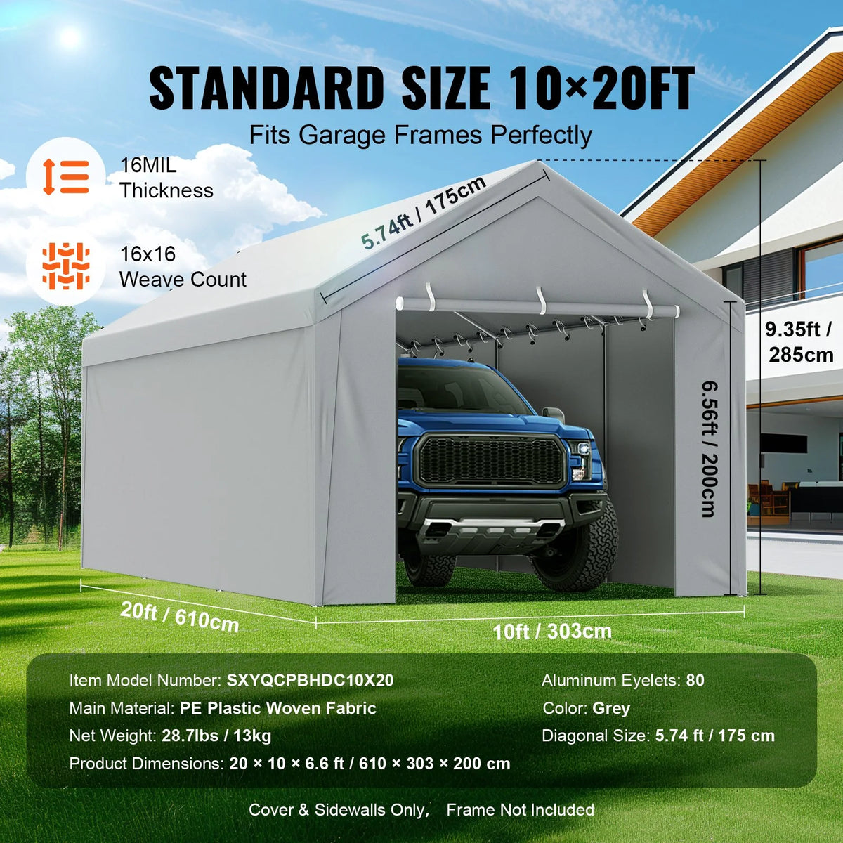 VEVOR Carport Replacement Canopy Cover Top + Side Wall 10 x 20 ft, Garage Tent Shelter Tarp Heavy-Duty Waterproof & UV Protected, Easy Installation with Ball Bungees,Grey (Frame Not Included) - View 4