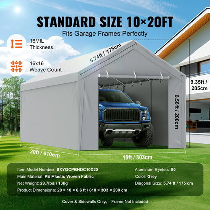 VEVOR Carport Replacement Canopy Cover Top + Side Wall 10 x 20 ft, Garage Tent Shelter Tarp Heavy-Duty Waterproof & UV Protected, Easy Installation with Ball Bungees,Grey (Frame Not Included) - View 4