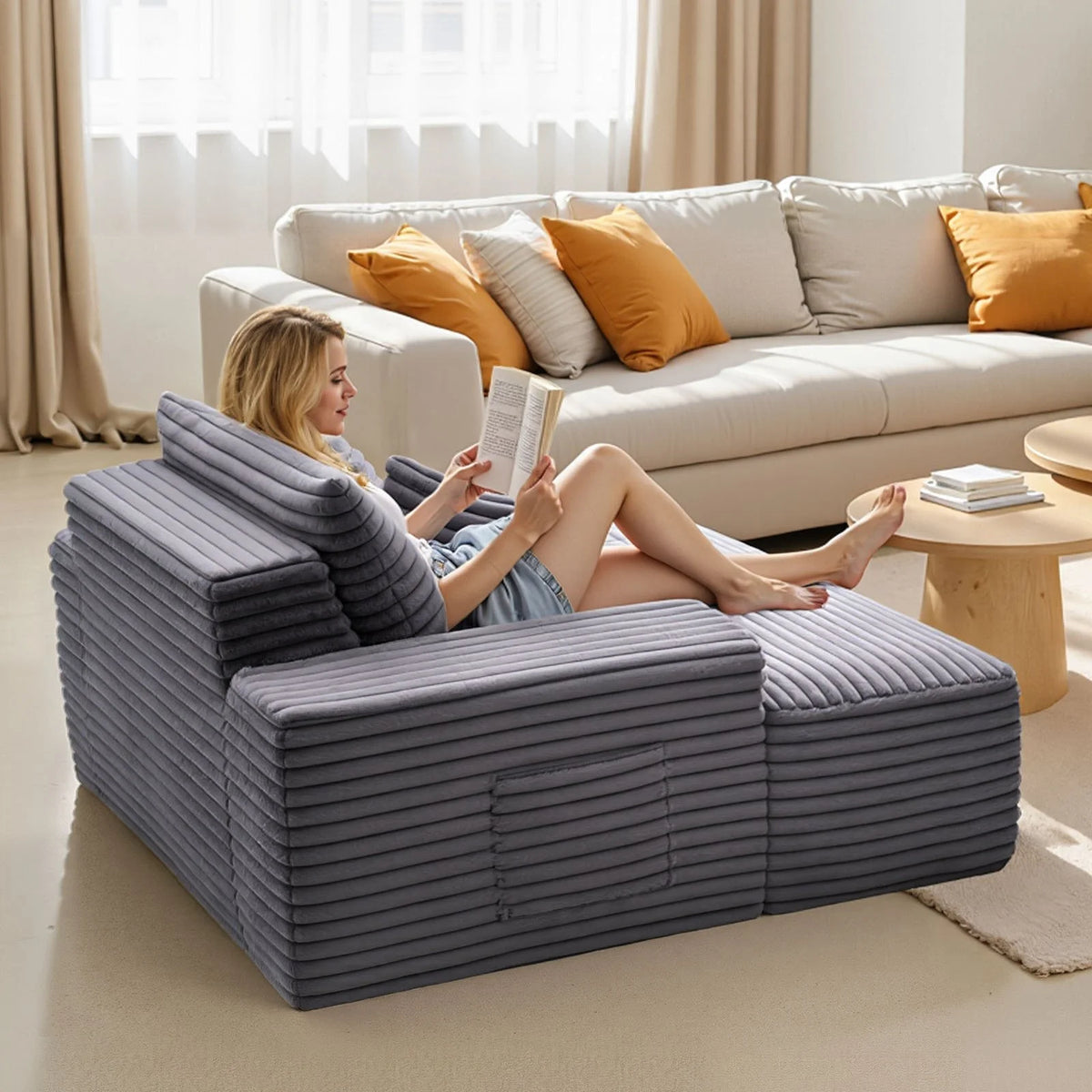 VEVOR Chaise Lounge Chair, 54 in Boneless Chaise Lounge Indoor, Modern Upholstered Oversized Reading Chair with Throw Pillows & Armrests, Sofa Couch Deep Seat Sleeper for Living Room, Bedroom, Grey - View 7