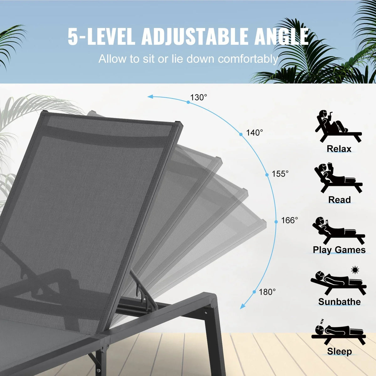 VEVOR Chaise Lounge Chair Outdoor Patio Lounge Chair Adjustable 5-Position 2 pcs - View 4