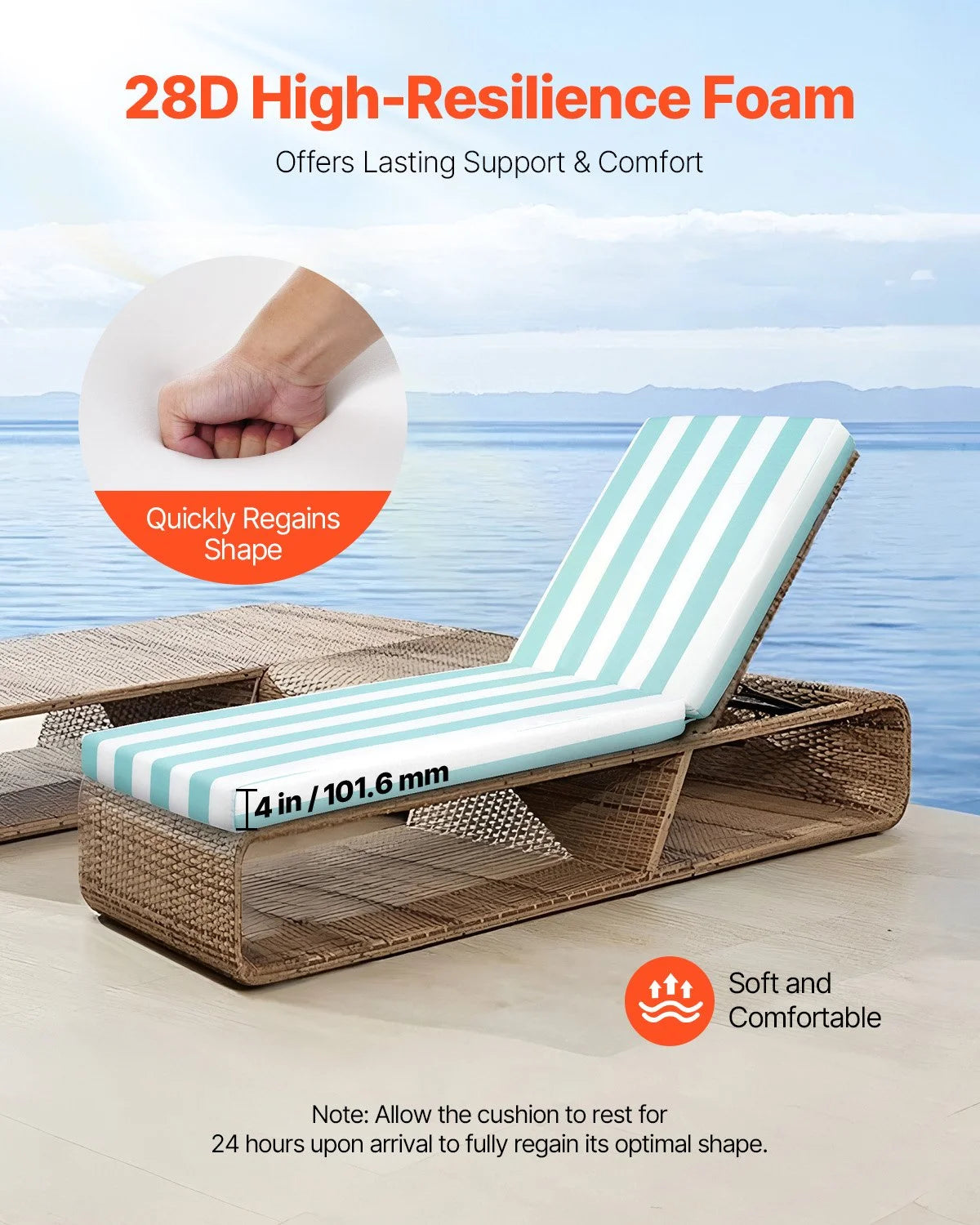 VEVOR Chaise Lounge Cushion, 80 x 26 x 4 in, Set of 2 Outdoor Lounge Chair Cushions, Waterproof & Fade-Resistant Sun Lounger Cushions with Ties, Patio Lounger Pads for Pool Deck, Green & White Stripes - View 2