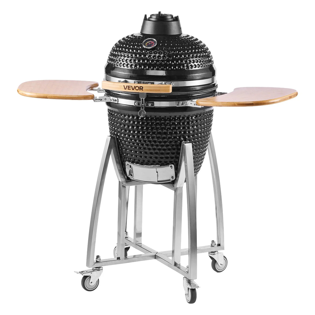 VEVOR Charcoal Smoker and Grill, 18" Kamado Charcoal BBQ Smoker, Movable Ceramic Barbecue Grill with 4 Wheels (2 Lockable), Built-in Thermometer, Air Vents & Side Shelf for Outdoor Patio Yard Cooking