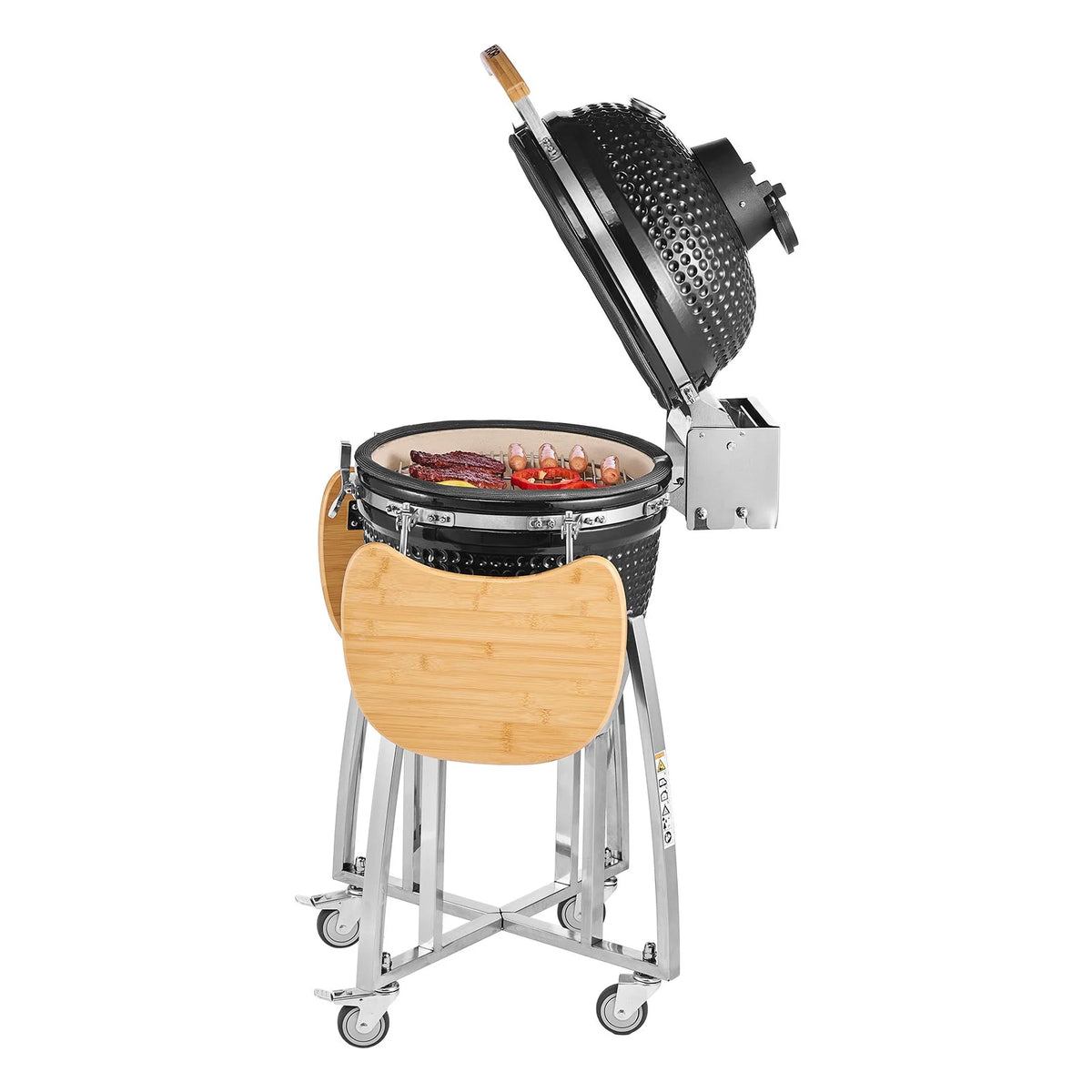VEVOR Charcoal Smoker and Grill, 18" Kamado Charcoal BBQ Smoker, Movable Ceramic Barbecue Grill with 4 Wheels (2 Lockable), Built-in Thermometer, Air Vents & Side Shelf for Outdoor Patio Yard Cooking - View 10