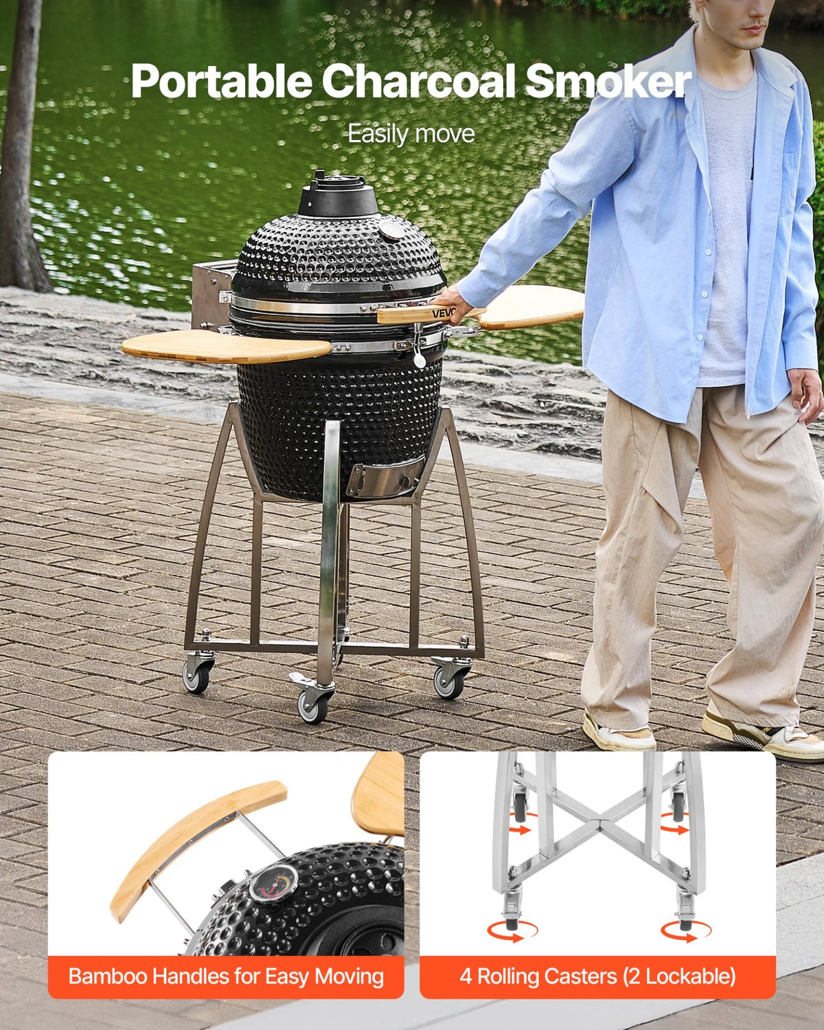 VEVOR Charcoal Smoker and Grill, 18" Kamado Charcoal BBQ Smoker, Movable Ceramic Barbecue Grill with 4 Wheels (2 Lockable), Built-in Thermometer, Air Vents & Side Shelf for Outdoor Patio Yard Cooking - View 2