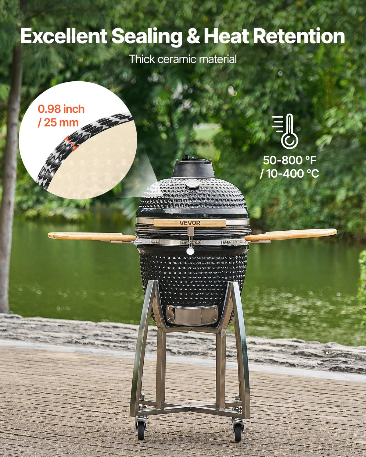 VEVOR Charcoal Smoker and Grill, 18" Kamado Charcoal BBQ Smoker, Movable Ceramic Barbecue Grill with 4 Wheels (2 Lockable), Built-in Thermometer, Air Vents & Side Shelf for Outdoor Patio Yard Cooking - View 3
