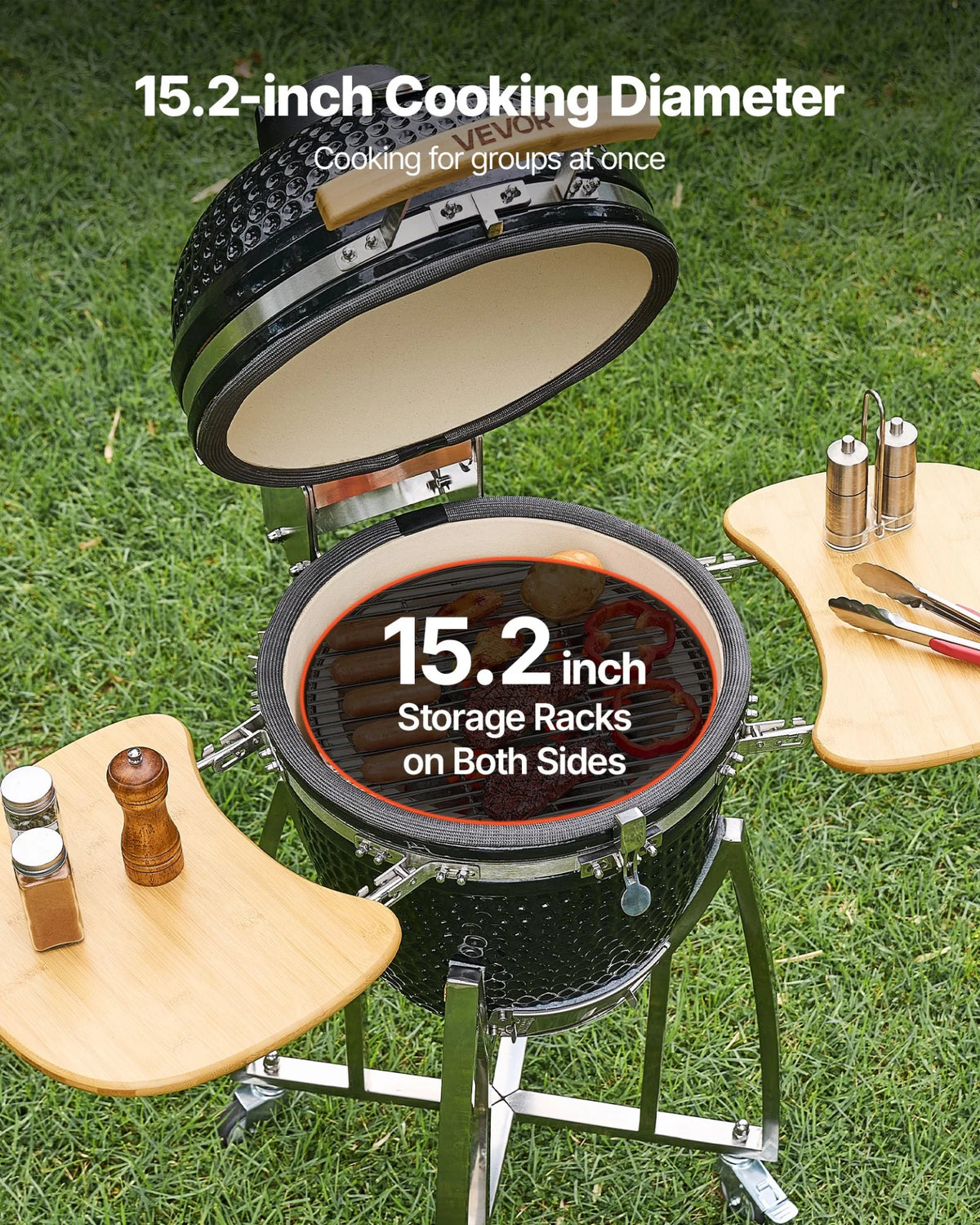 VEVOR Charcoal Smoker and Grill, 18" Kamado Charcoal BBQ Smoker, Movable Ceramic Barbecue Grill with 4 Wheels (2 Lockable), Built-in Thermometer, Air Vents & Side Shelf for Outdoor Patio Yard Cooking - View 4