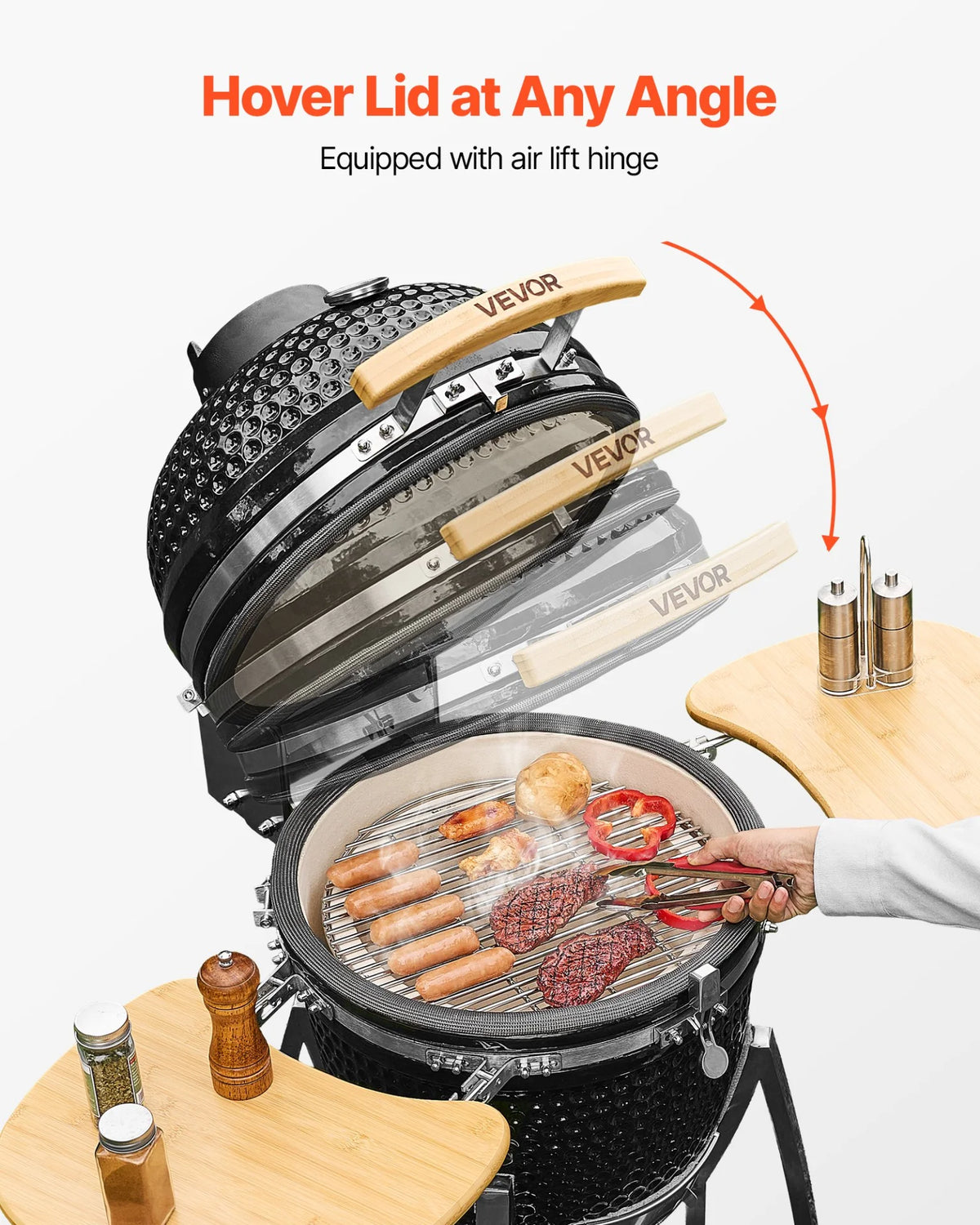 VEVOR Charcoal Smoker and Grill, 18" Kamado Charcoal BBQ Smoker, Movable Ceramic Barbecue Grill with 4 Wheels (2 Lockable), Built-in Thermometer, Air Vents & Side Shelf for Outdoor Patio Yard Cooking - View 5