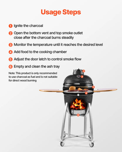 VEVOR Charcoal Smoker and Grill, 18" Kamado Charcoal BBQ Smoker, Movable Ceramic Barbecue Grill with 4 Wheels (2 Lockable), Built-in Thermometer, Air Vents & Side Shelf for Outdoor Patio Yard Cooking - View 6