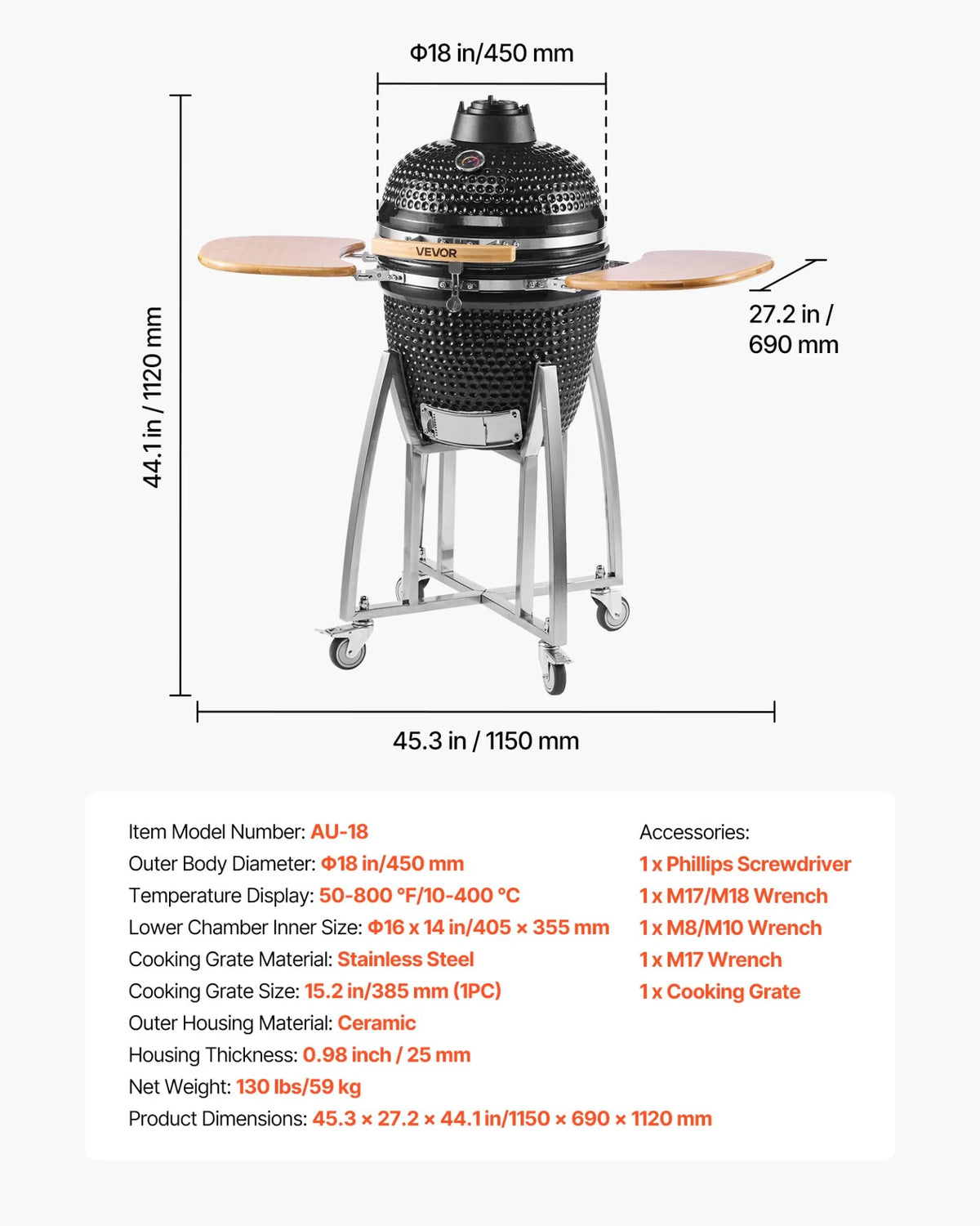VEVOR Charcoal Smoker and Grill, 18" Kamado Charcoal BBQ Smoker, Movable Ceramic Barbecue Grill with 4 Wheels (2 Lockable), Built-in Thermometer, Air Vents & Side Shelf for Outdoor Patio Yard Cooking - View 7