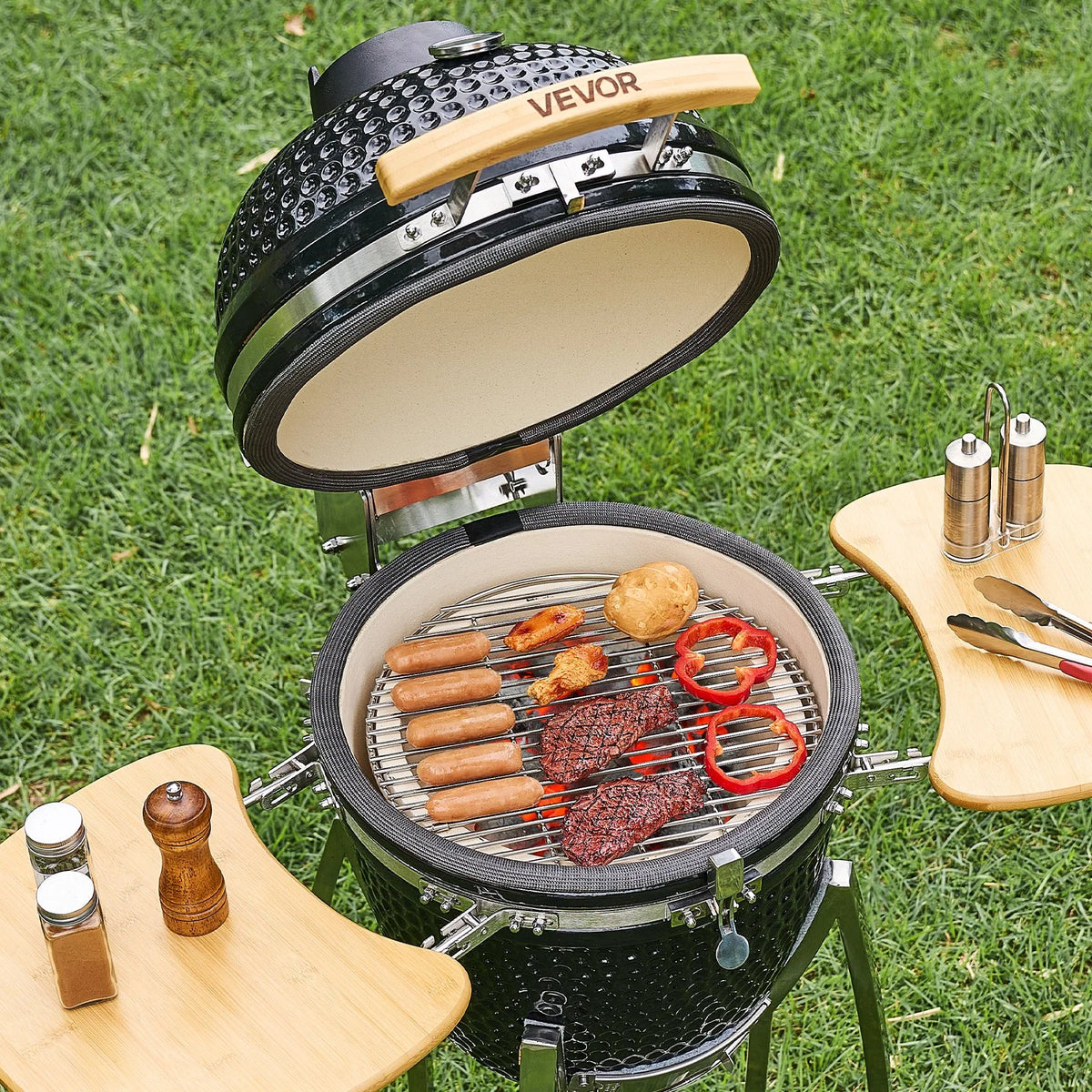 VEVOR Charcoal Smoker and Grill, 18" Kamado Charcoal BBQ Smoker, Movable Ceramic Barbecue Grill with 4 Wheels (2 Lockable), Built-in Thermometer, Air Vents & Side Shelf for Outdoor Patio Yard Cooking - View 8