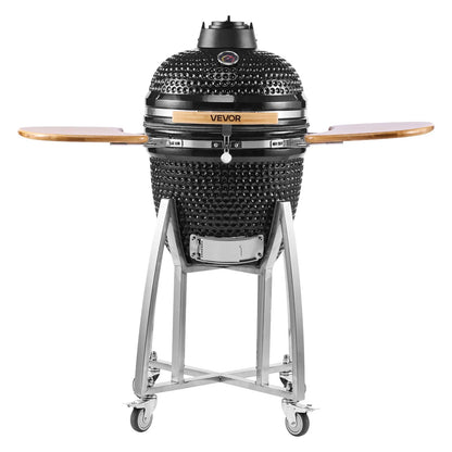 VEVOR Charcoal Smoker and Grill, 18" Kamado Charcoal BBQ Smoker, Movable Ceramic Barbecue Grill with 4 Wheels (2 Lockable), Built-in Thermometer, Air Vents & Side Shelf for Outdoor Patio Yard Cooking - View 9