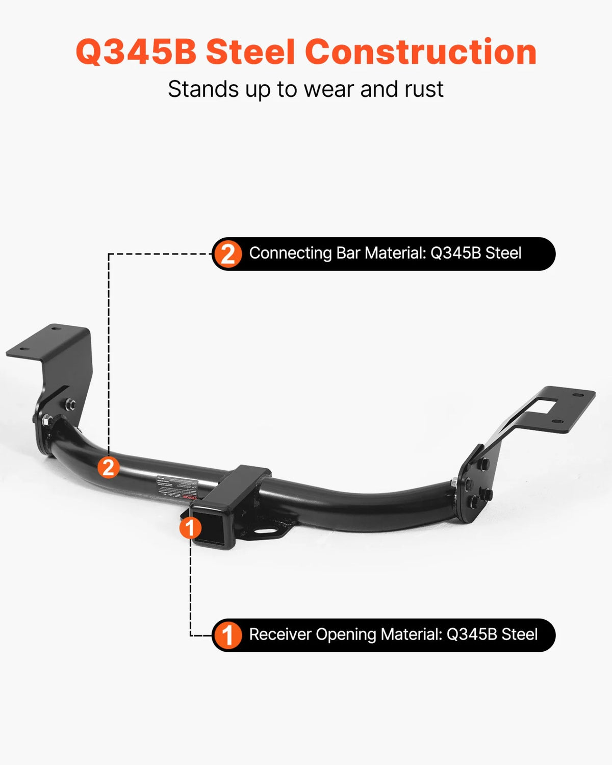 VEVOR Class 3 Trailer Hitch, 2-Inch Receiver, 6000 lbs, Q345B Steel Tube Frame, Compatible with 2012-2016 Honda CR-V, Multi-Fit Hitch to Receive Ball Mount, Cargo Carrier, Bike Rack, Tow Hook, Black - View 3