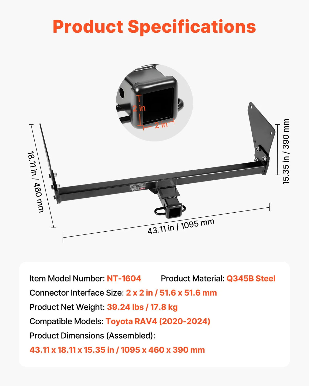 VEVOR Class 3 Trailer Hitch, 2-Inch Receiver, 6000 lbs, Q345B Steel Tube Frame, Compatible with 2020-2024 Toyota RAV4, Multi-Fit Hitch to Receive Ball Mount, Cargo Carrier, Bike Rack, Tow Hook, Black - View 6