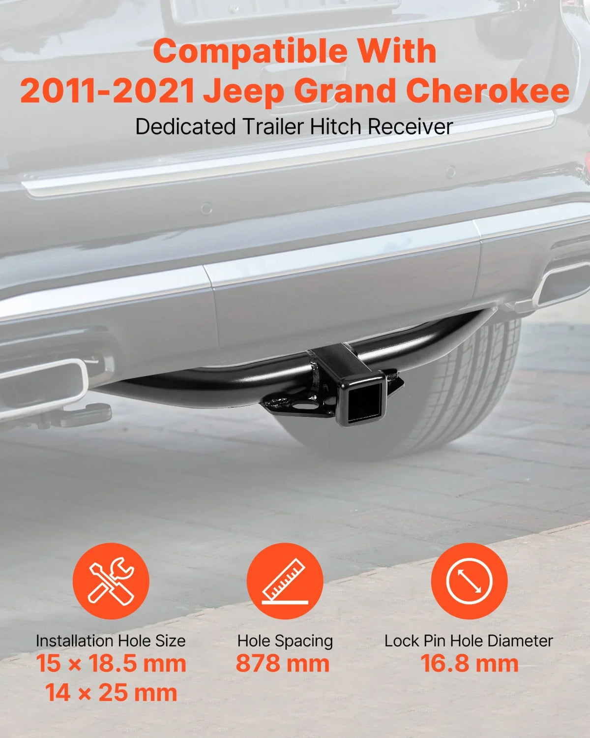 VEVOR Class 3 Trailer Hitch, 2-Inch Receiver, Compatible with 2011-2021 Jeep Grand Cherokee, Q345B Steel Tube Frame, Multi-Fit Hitch to Receive Ball Mount, Cargo Carrier, Bike Rack, Tow Hook, Black - View 2
