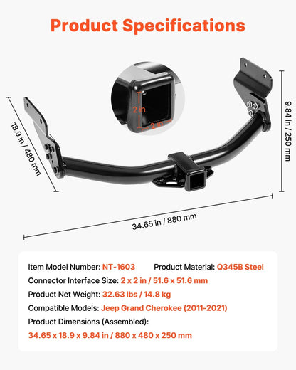 VEVOR Class 3 Trailer Hitch, 2-Inch Receiver, Compatible with 2011-2021 Jeep Grand Cherokee, Q345B Steel Tube Frame, Multi-Fit Hitch to Receive Ball Mount, Cargo Carrier, Bike Rack, Tow Hook, Black - View 7