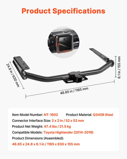 VEVOR Class 3 Trailer Hitch, 2-Inch Receiver, Compatible with 2014-2019 Toyota Highlander, Q345B Steel Tube Frame, Multi-Fit Hitch to Receive Ball Mount, Cargo Carrier, Bike Rack, and Tow Hook, Black - View 7