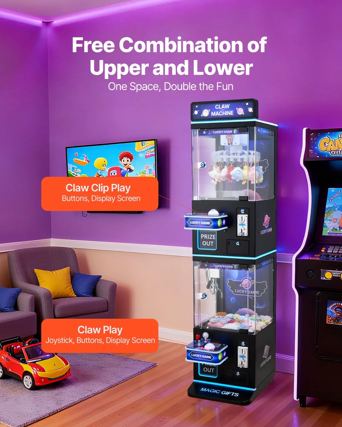 VEVOR Claw Crane Machine, Medium-Sized Arcade Game Machine with Claw + Grabber Double-Layer, Light & Sound, Toy Candy Grabber Prize Dispenser Vending Toy, for Commercial Home Cinema, Black Purple - View 2