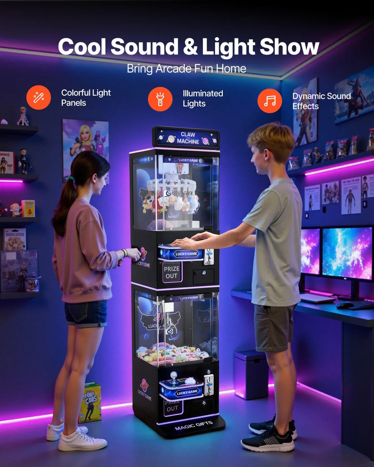 VEVOR Claw Crane Machine, Medium-Sized Arcade Game Machine with Claw + Grabber Double-Layer, Light & Sound, Toy Candy Grabber Prize Dispenser Vending Toy, for Commercial Home Cinema, Black Purple - View 4