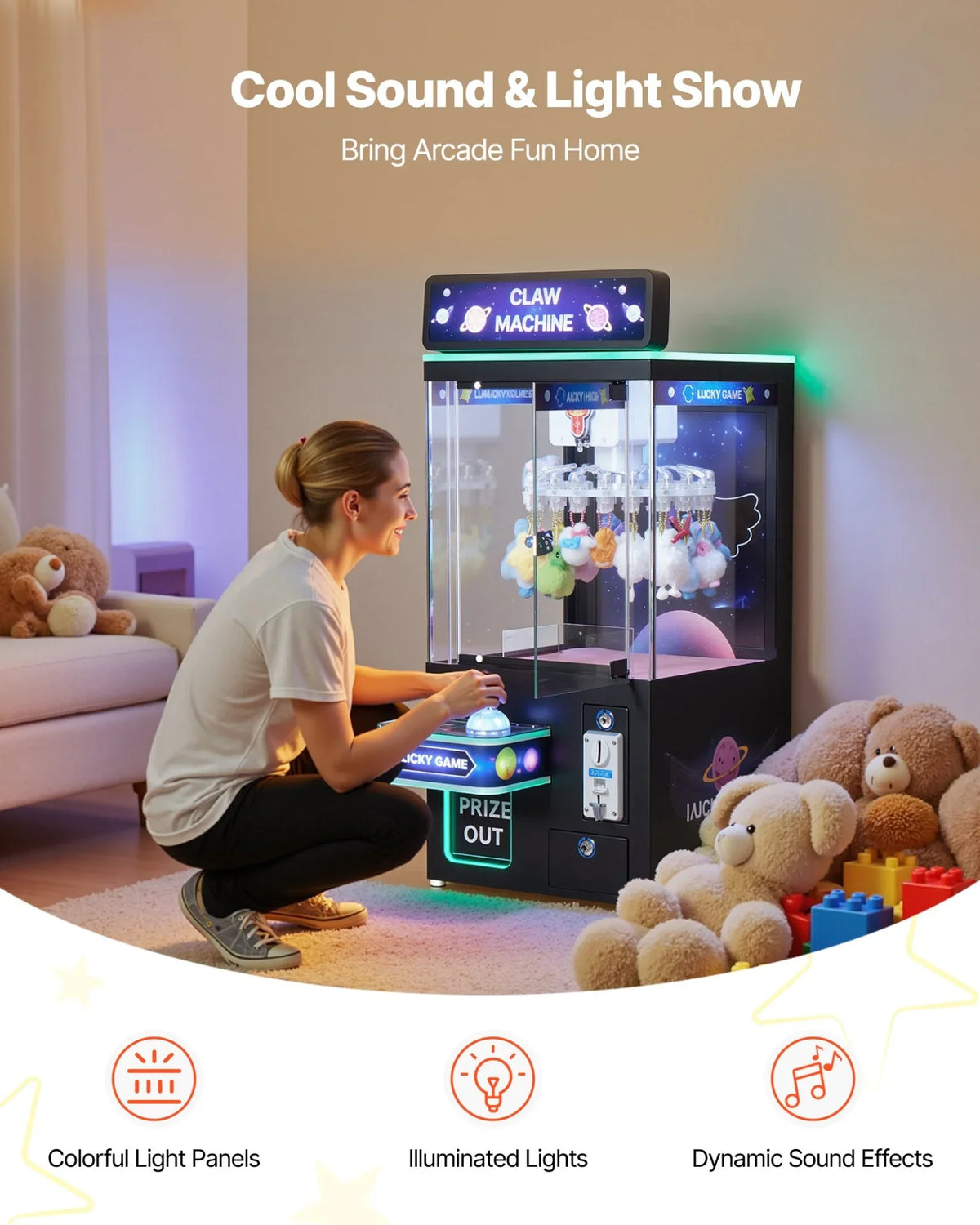 VEVOR Claw Crane Machine, Medium-Sized Arcade Game Machine with Light & Sound, Adjustable Difficulty, Precise Toy Candy Grabber Prize Dispenser Vending Toy, for Commercial Home Cinema, Black Purple - View 3