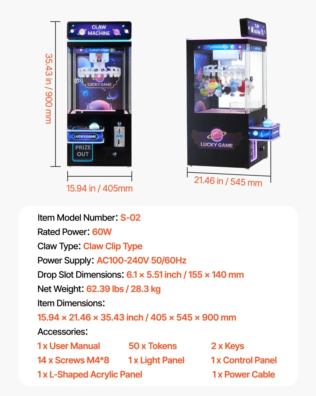 VEVOR Claw Crane Machine, Medium-Sized Arcade Game Machine with Light & Sound, Adjustable Difficulty, Precise Toy Candy Grabber Prize Dispenser Vending Toy, for Commercial Home Cinema, Black Purple - View 7