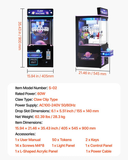 VEVOR Claw Crane Machine, Medium-Sized Arcade Game Machine with Light & Sound, Adjustable Difficulty, Precise Toy Candy Grabber Prize Dispenser Vending Toy, for Commercial Home Cinema, Black Purple - View 7