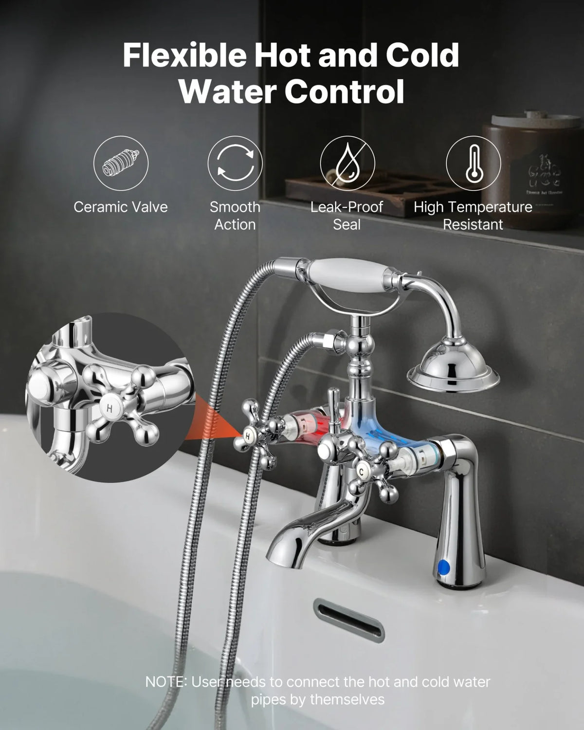 VEVOR Clawfoot Tub Faucet, Deck Mount Bathtub Faucets with Handheld Shower, Vintage Polished Chrome Clawfoot Tub Filler Faucet Shower Kit with 360° Rotation Spout & 59-inch Long Hose for Bathtubs - View 5