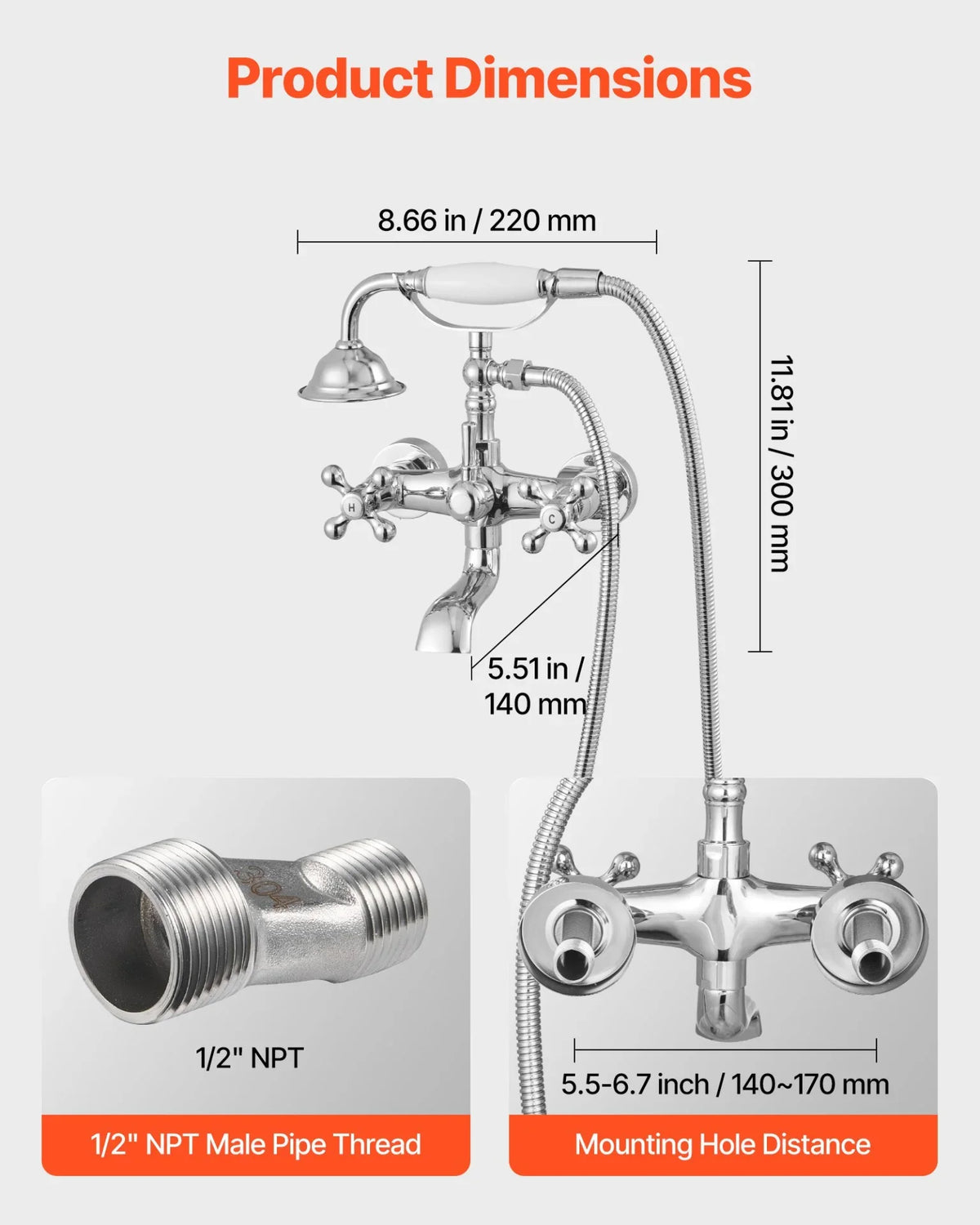 VEVOR Clawfoot Tub Faucet, Wall Mount Bathtub Faucets with Handheld Shower, Vintage Polished Chrome Clawfoot Tub Filler Faucet Shower Kit with Adjustable Swing Arms & 360° Rotation Spout for Bathtubs - View 2