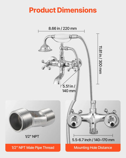 VEVOR Clawfoot Tub Faucet, Wall Mount Bathtub Faucets with Handheld Shower, Vintage Polished Chrome Clawfoot Tub Filler Faucet Shower Kit with Adjustable Swing Arms & 360° Rotation Spout for Bathtubs - View 2