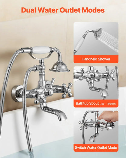 VEVOR Clawfoot Tub Faucet, Wall Mount Bathtub Faucets with Handheld Shower, Vintage Polished Chrome Clawfoot Tub Filler Faucet Shower Kit with Adjustable Swing Arms & 360° Rotation Spout for Bathtubs - View 3