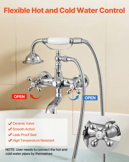 VEVOR Clawfoot Tub Faucet, Wall Mount Bathtub Faucets with Handheld Shower, Vintage Polished Chrome Clawfoot Tub Filler Faucet Shower Kit with Adjustable Swing Arms & 360° Rotation Spout for Bathtubs - View 5