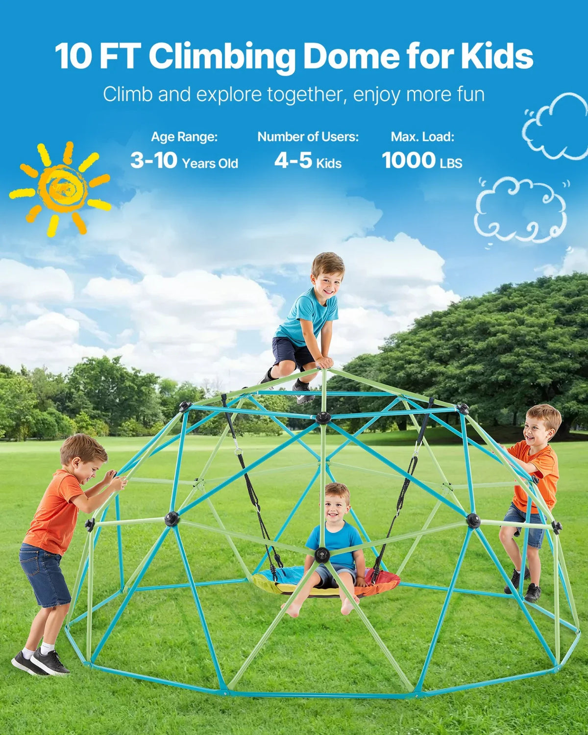 VEVOR Climbing Dome 10FT Geometric Dome Climber with Saucer Swing 1000LBS Loads - View 2