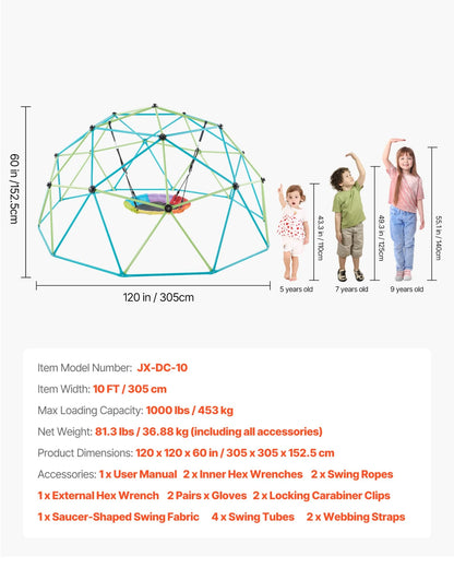 VEVOR Climbing Dome 10FT Geometric Dome Climber with Saucer Swing 1000LBS Loads - View 7