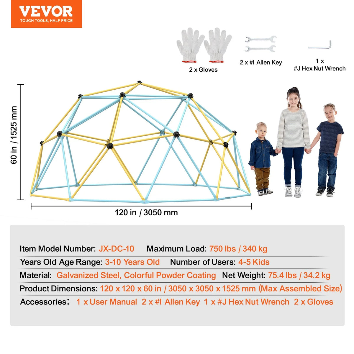 VEVOR Climbing Dome, Jungle Gym Supports 750LBS and Easy Assembly, 10FT Geometric Dome Climber Play Center for Kids 3 to 10 Years Old,with Climbing Grip, Outdoor Backyard Play Equipment for Kids - View 7