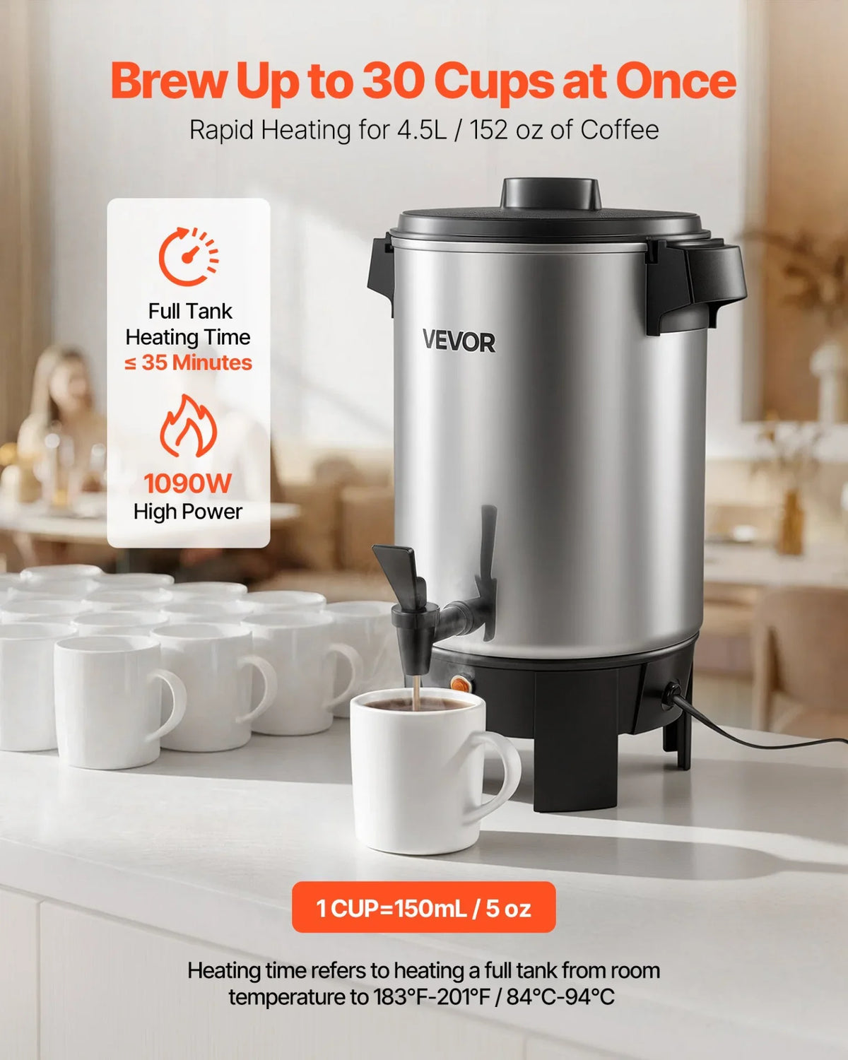 VEVOR Commercial Coffee Urn, 30 Cup 152oz Hot Beverage Dispenser with Dripless Faucet, 1090W Quick-Brewing Coffee Maker, Automatic Temperature Control, for Catering, Party, Church & Restaurant