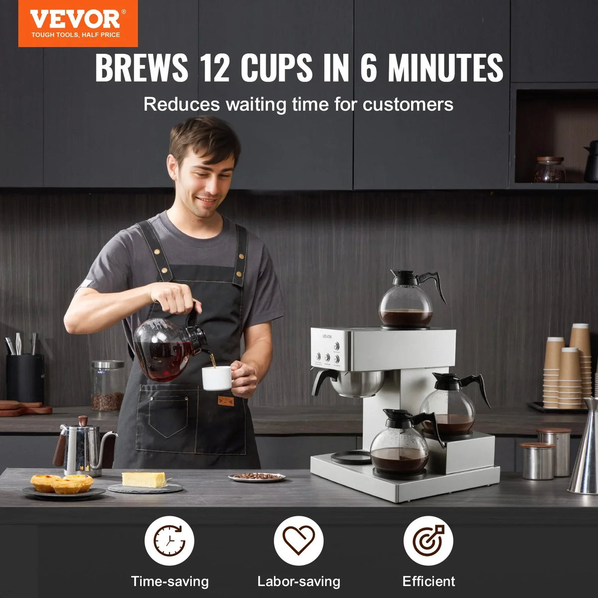 VEVOR Commercial Drip Coffee Maker, 12 Cups Coffee-Maker Machine with 4 Glass Carafes and 4 Decanter Warmer Plates, Stainless Steel Drip Style Coffee Brewer, for Restaurant, Office, Coffee Shop & Home