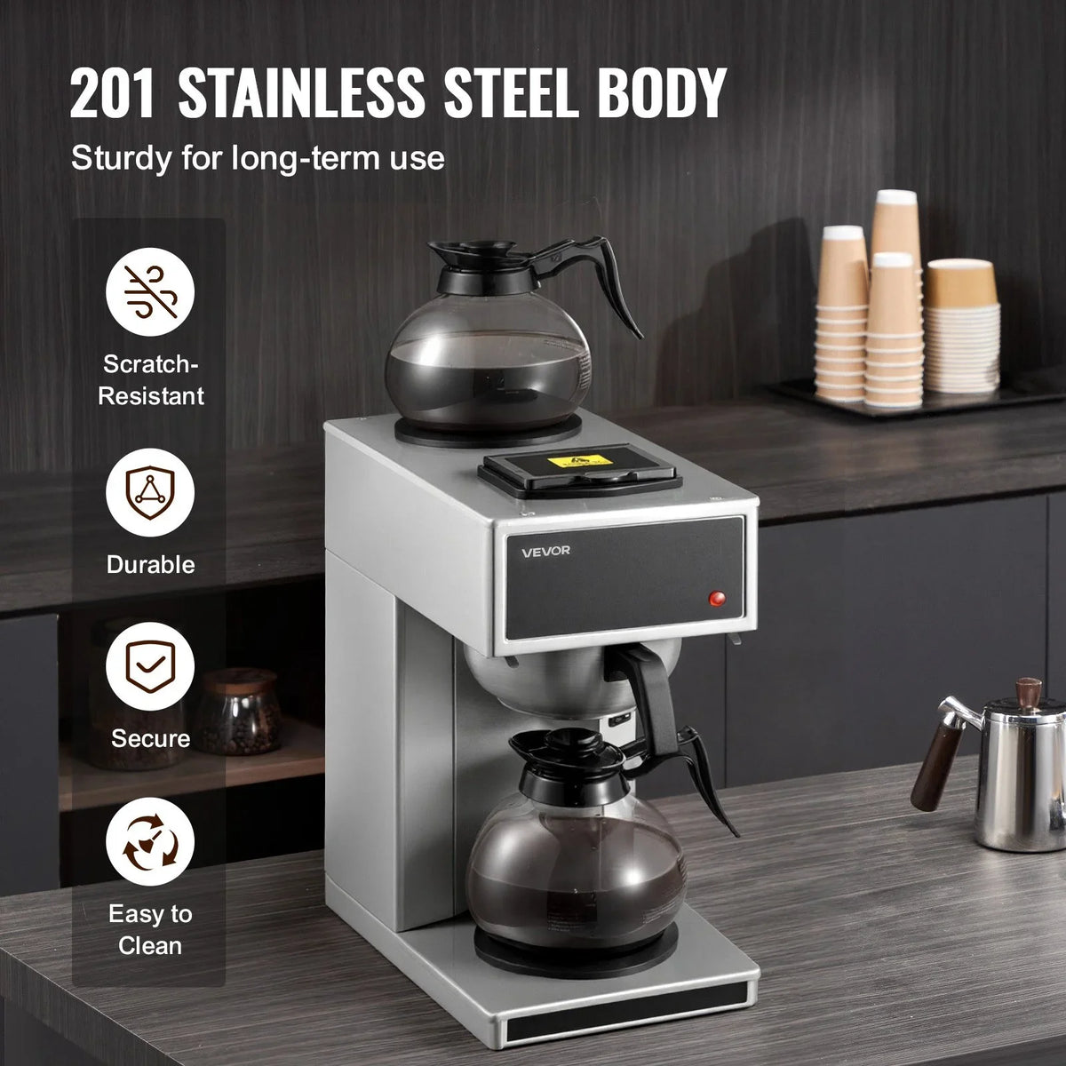 VEVOR Commercial Drip Coffee Maker, 12 Cups Coffee-Maker Machine with 2 Glass Carafes and 2 Decanter Warmer Plates, Stainless Steel Drip Style Coffee Brewer, for Restaurant, Office, Coffee Shop & Home - View 4