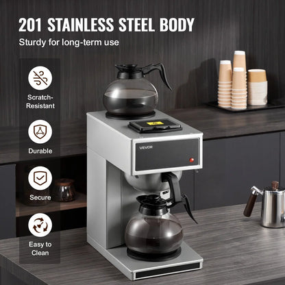 VEVOR Commercial Drip Coffee Maker, 12 Cups Coffee-Maker Machine with 2 Glass Carafes and 2 Decanter Warmer Plates, Stainless Steel Drip Style Coffee Brewer, for Restaurant, Office, Coffee Shop & Home - View 4
