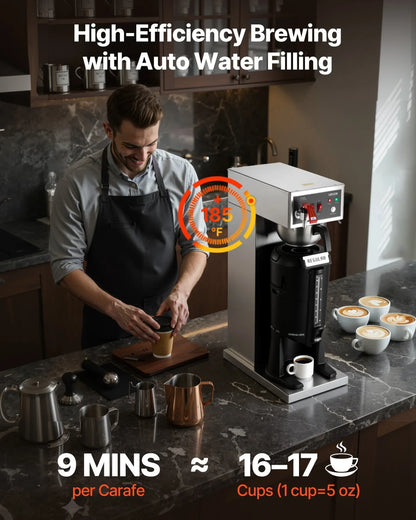 VEVOR Commercial Drip Coffee Maker, 16-17 Cups Machine with 2.5 L Thermal Carafe, Keep Warm for 4 Hours, Stainless Steel Brewer with Auto Water Filling, for Restaurant, Office, Coffee Shop & Home