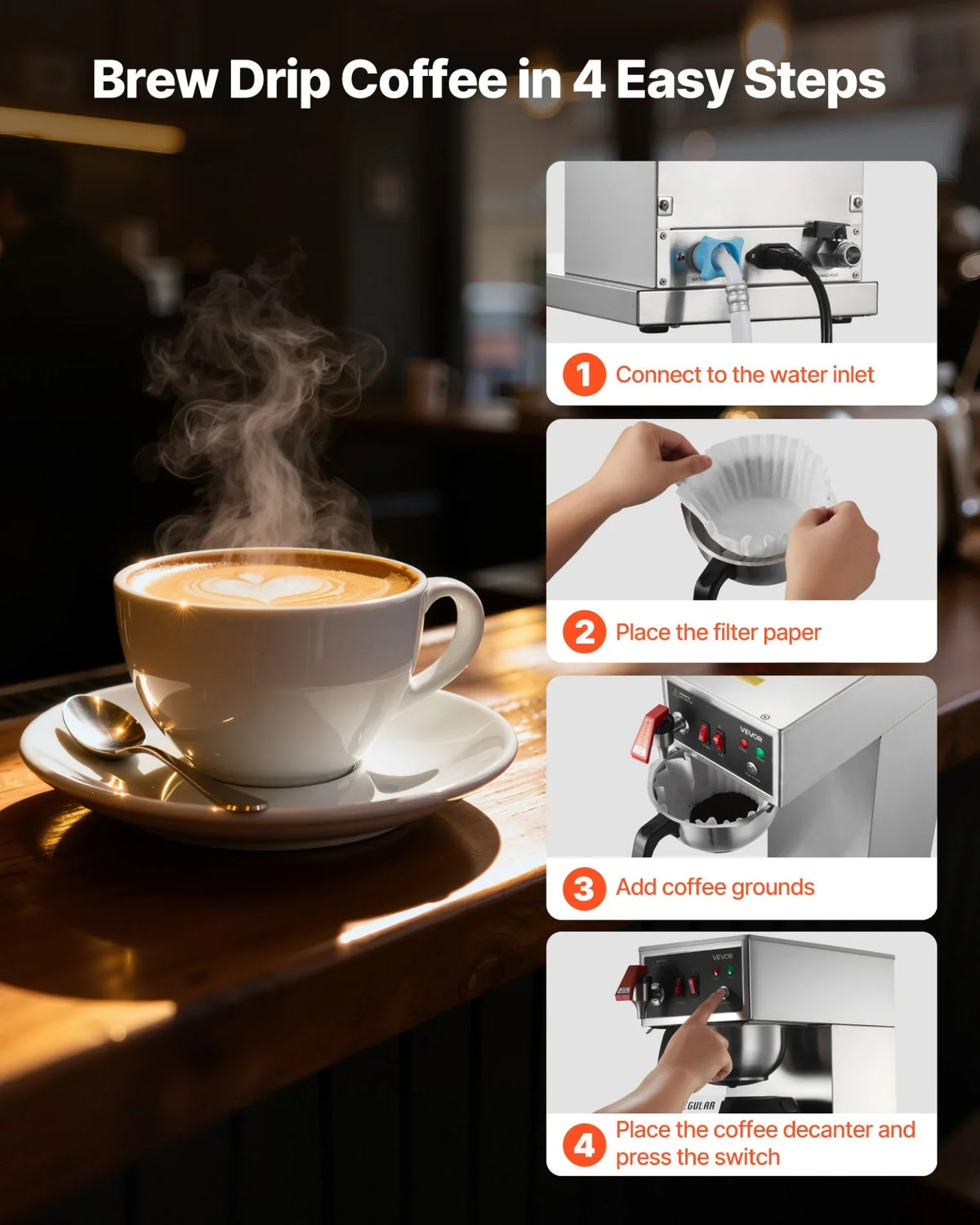 VEVOR Commercial Drip Coffee Maker, 16-17 Cups Machine with 2.5 L Thermal Carafe, Keep Warm for 4 Hours, Stainless Steel Brewer with Auto Water Filling, for Restaurant, Office, Coffee Shop & Home - View 4