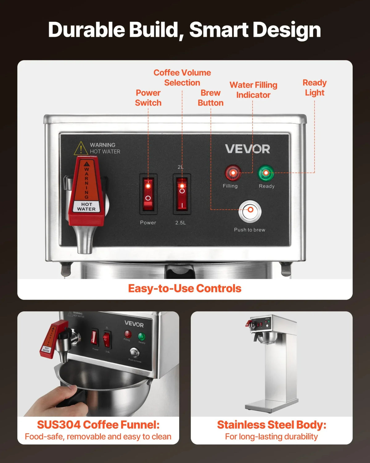 VEVOR Commercial Drip Coffee Maker, 16-17 Cups Machine with 2.5 L Thermal Carafe, Keep Warm for 4 Hours, Stainless Steel Brewer with Auto Water Filling, for Restaurant, Office, Coffee Shop & Home - View 5