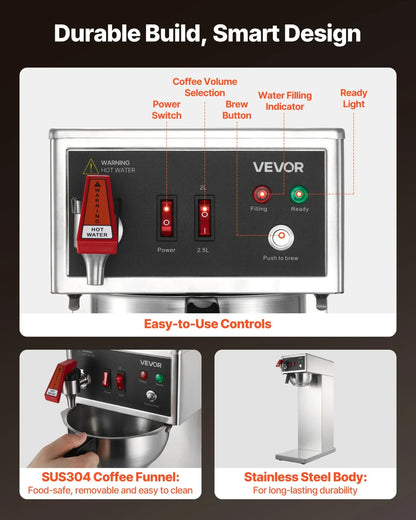 VEVOR Commercial Drip Coffee Maker, 16-17 Cups Machine with 2.5 L Thermal Carafe, Keep Warm for 4 Hours, Stainless Steel Brewer with Auto Water Filling, for Restaurant, Office, Coffee Shop & Home - View 5