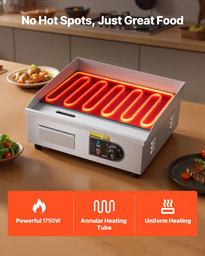 VEVOR Commercial Electric Griddle, 17.72 x 11.81 inch, 1750W, 122-570°F Adjustable Temp Control, Stainless Steel Countertop Flat Top Grill with 2 Spatulas, 2 Brushes, and 4 Foot Pads, for Steak - View 2