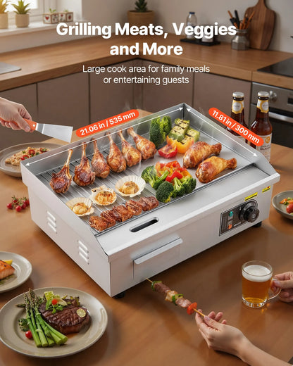 VEVOR Commercial Electric Griddle, 21.06 x 11.81 inch, 1750W, 122-570°F Adjustable Temp Control, Stainless Steel Body, Half Grooved Half Flat, with 2 Spatulas, 2 Brushes, and 4 Foot Pads, for Steak