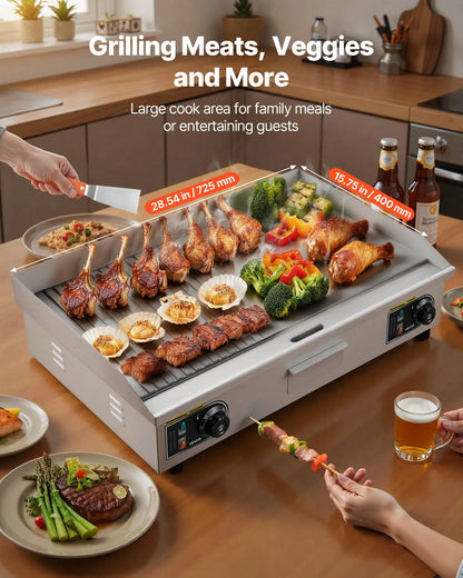 VEVOR Commercial Electric Griddle, 28.54 x 15.75 in, 2800W, 122-570°F Adjustable Temp Control, Stainless Steel, Half Grooved Half Flat, with 2 Spatulas, 2 Brushes, and 4 Foot Pads, for Steak(NO PLUG) - View 2